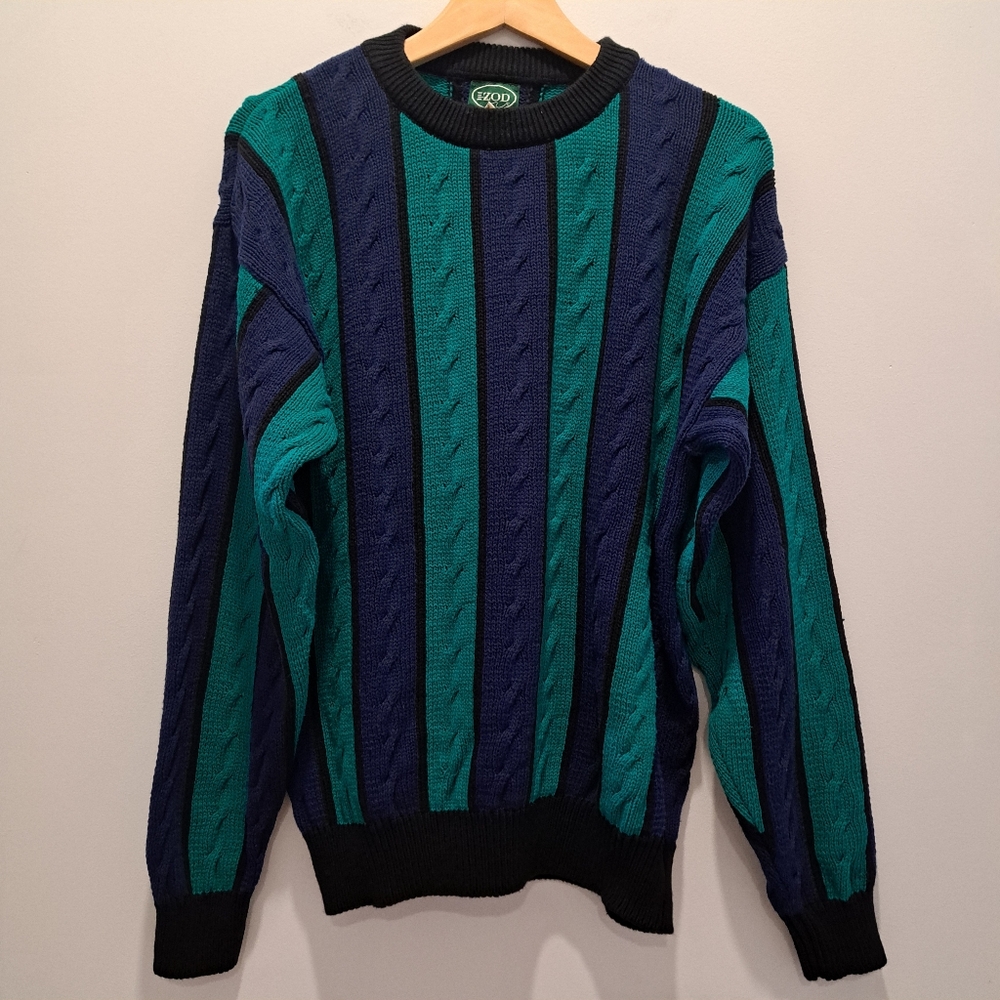 Vintage Izod Teal & Blue Cable Knit 90s Preppy Golf Dad Grandpa Sweater Mens M